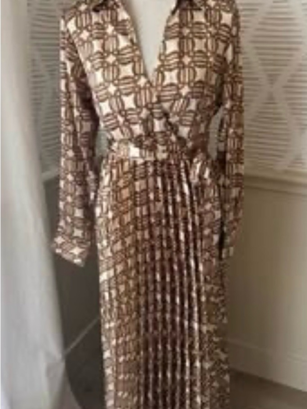 Long Brown Geometric Midi Wrap Dress with Waist Tie